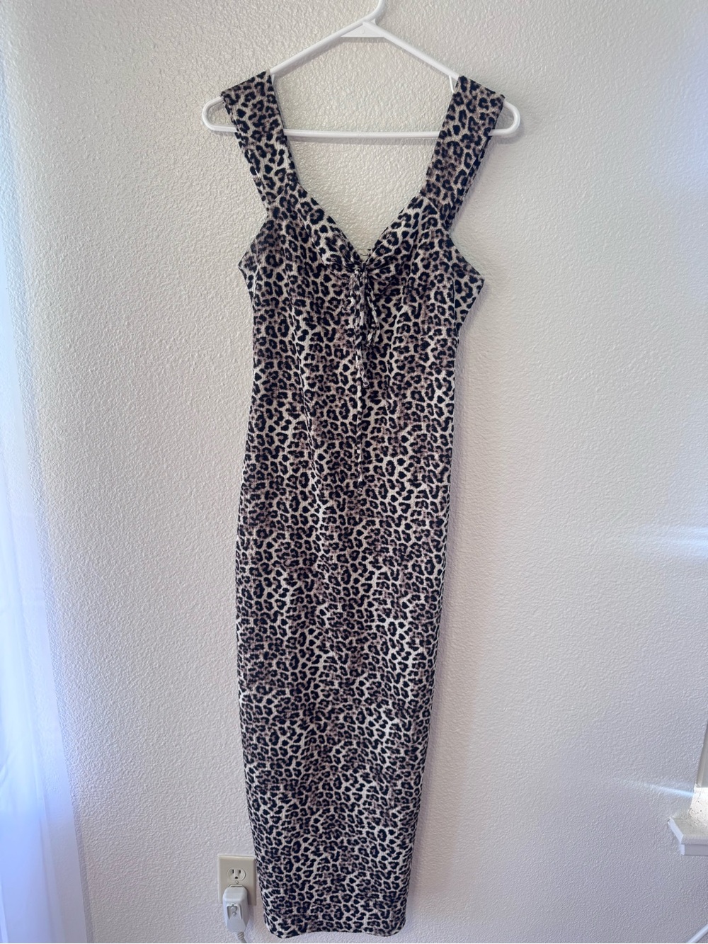 See You Monday Leopard Print Midi Dress Side Slit Ruched Tie Front Size Large